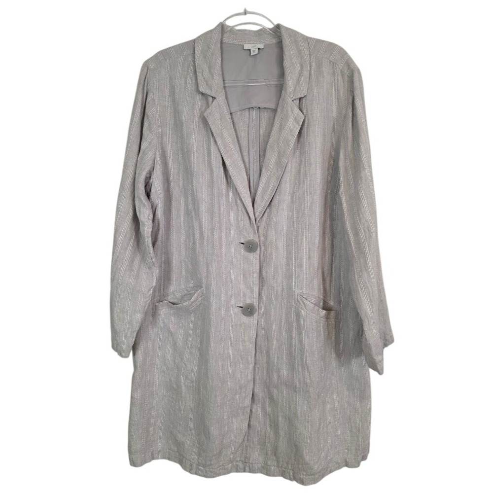 J.Jill Women's XL 100% Linen Longline Blazer Gray White Striped WJT199761
